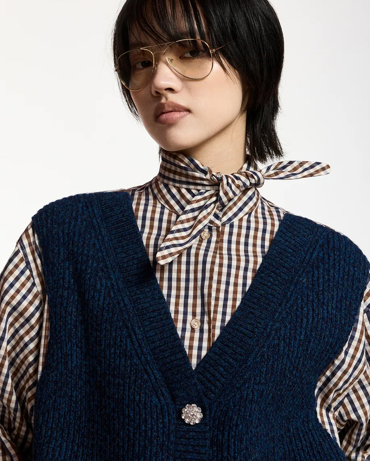 Layered Knit Vest Shirt (Blue/Brown/White)