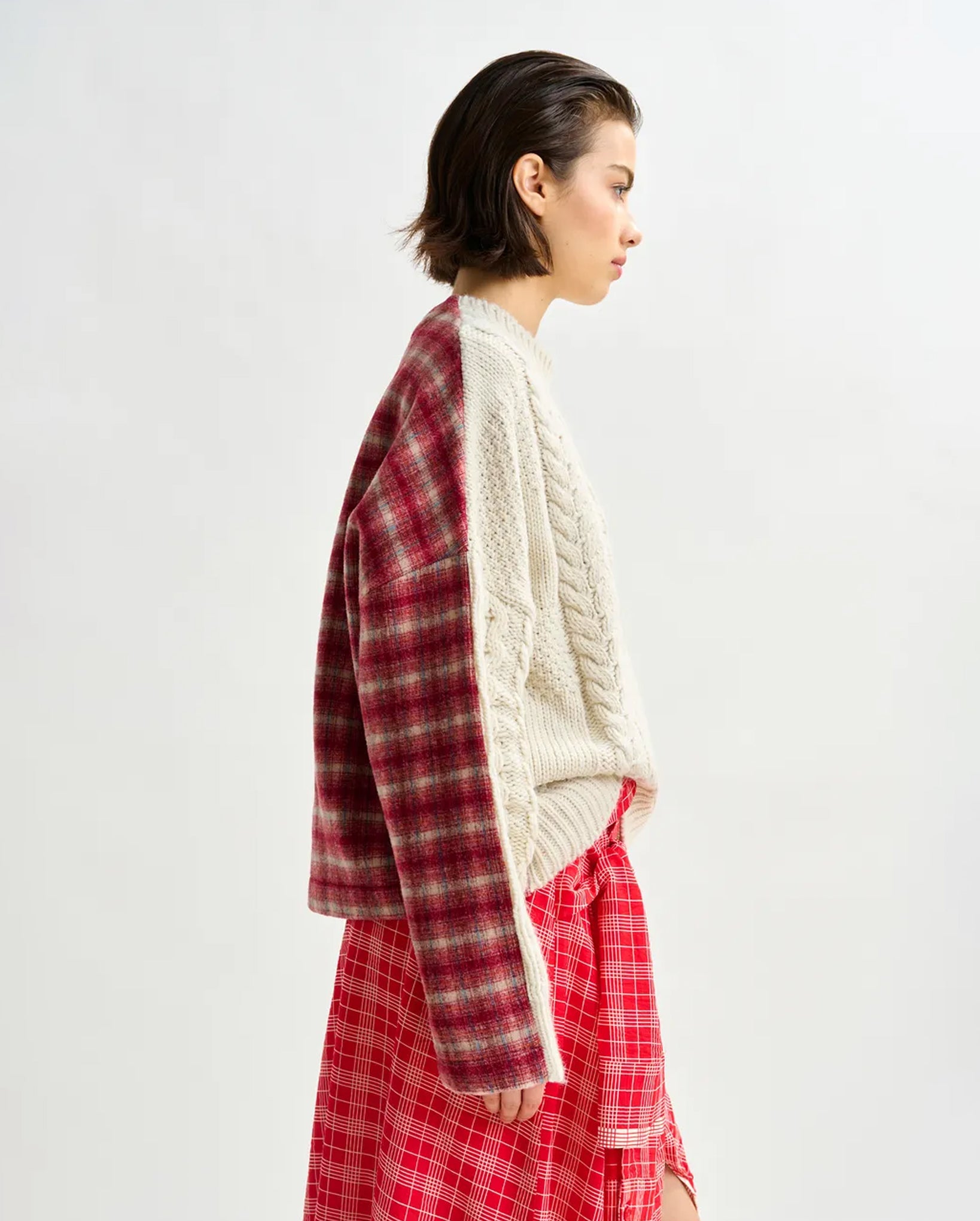 Cable-Knit Wool-Blend Sweater with Checked Back Panel (Beige/Off-White/Red)