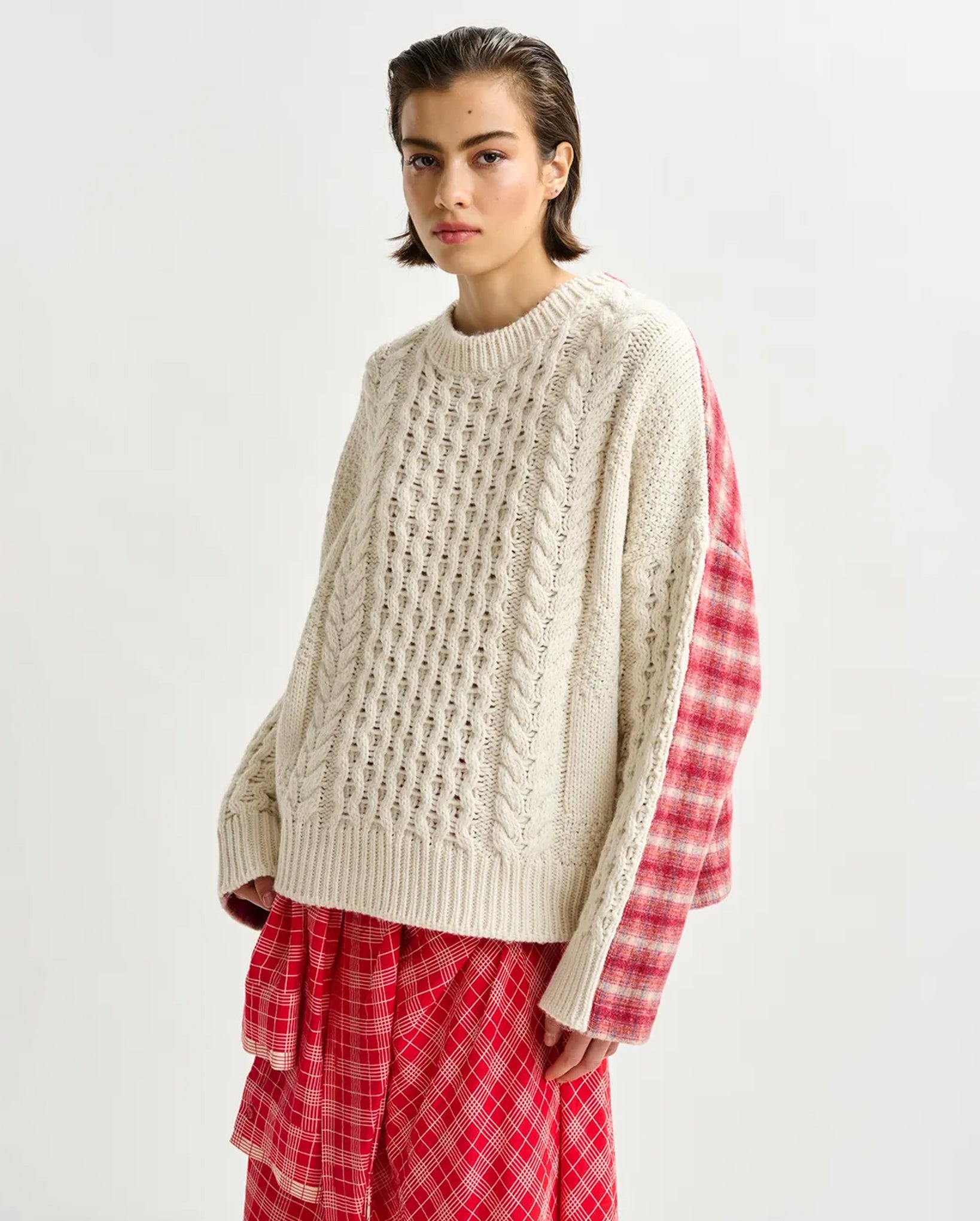 Cable-Knit Wool-Blend Sweater with Checked Back Panel (Beige/Off-White/Red)