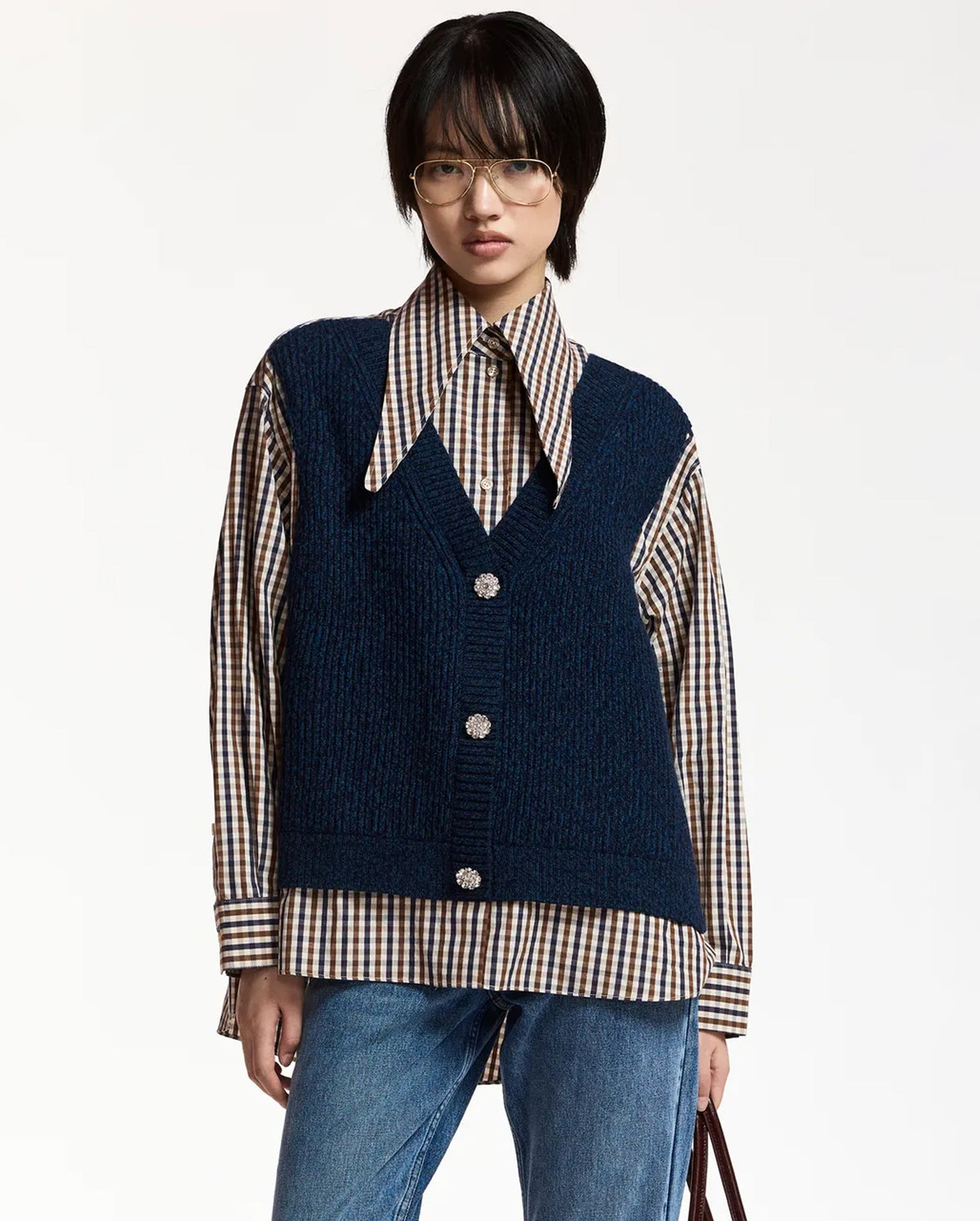 Layered Knit Vest Shirt (Blue/Brown/White)