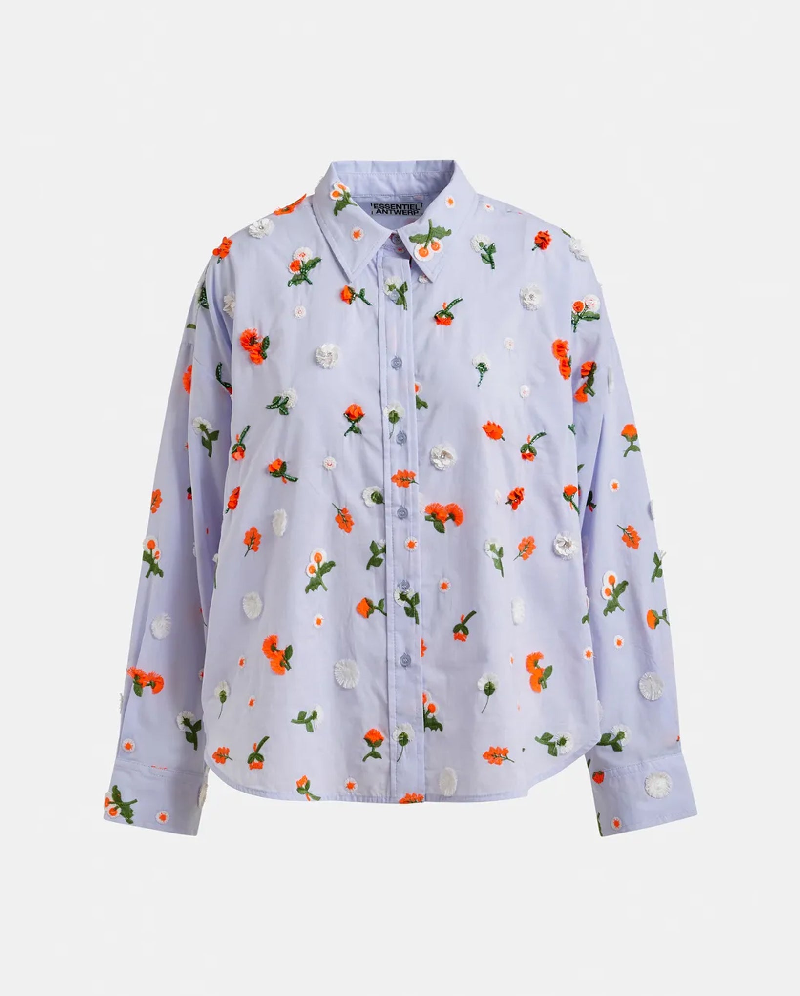 Cotton Shirt with Flower Sequin, Rhinestone and Bead Embellishments (Green/Light Blue/Orange)
