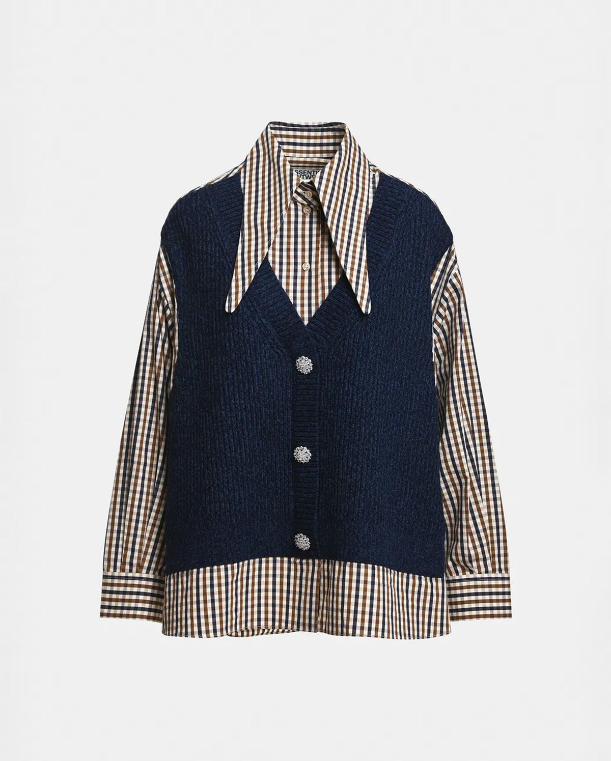 Layered Knit Vest Shirt (Blue/Brown/White)