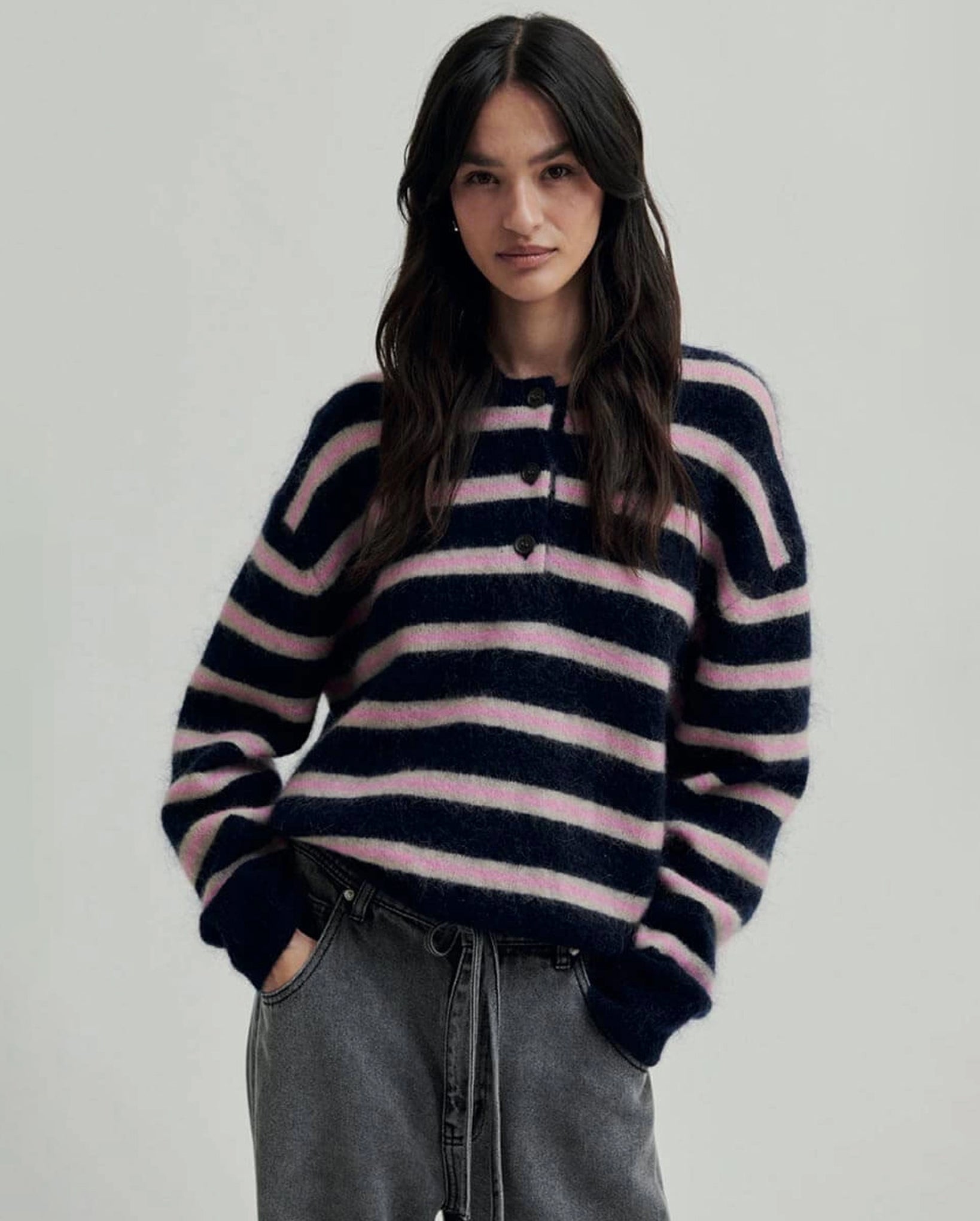 Noela Knit Long Sleeve Polo (Carbon)