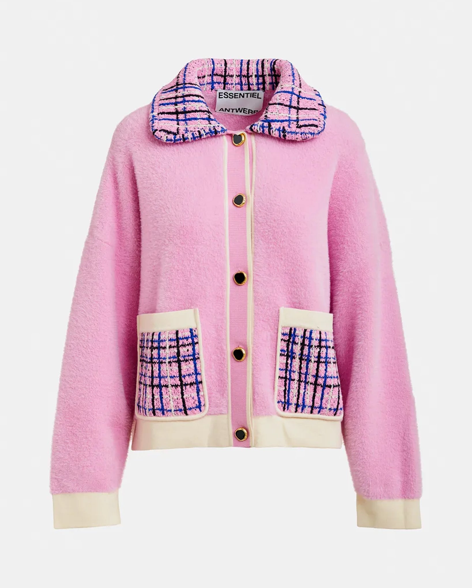 Textured Cardigan with Contrast Tweed Collar and Patch Pockets (Blue/Off-White/Pink)