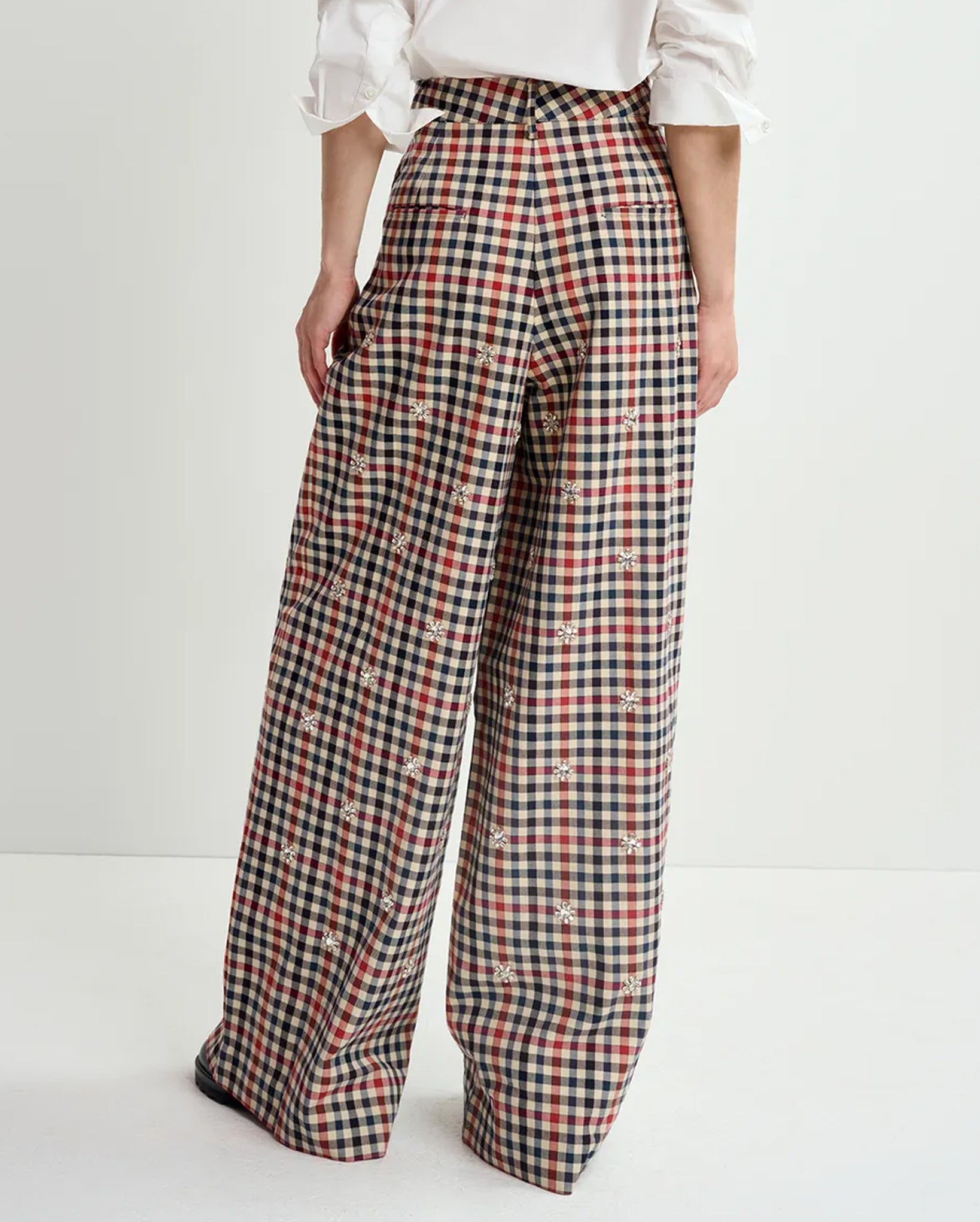 Checkered Wide-Leg Pants (Beige/Dark Blue/Red)