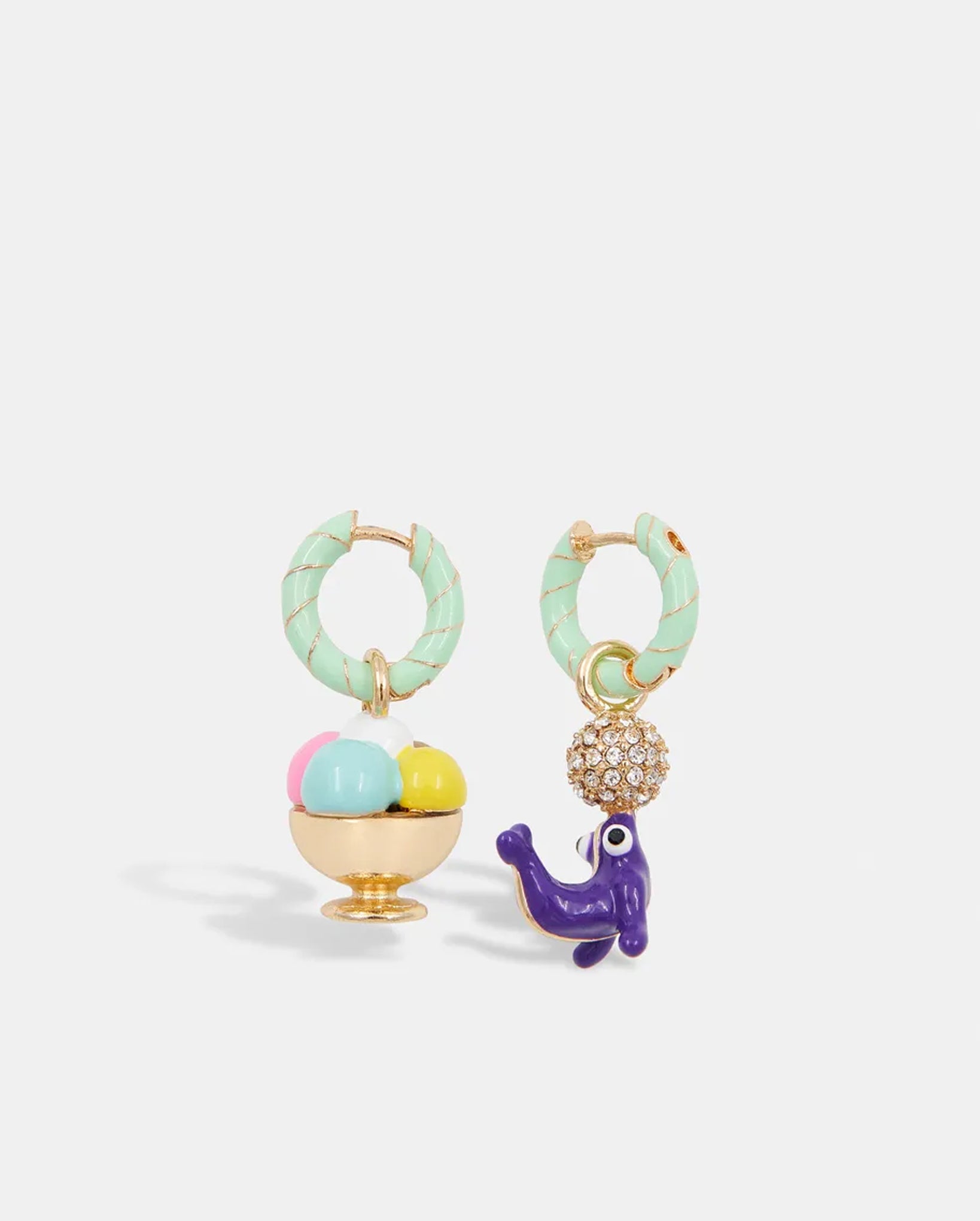 Hoop Earrings with Ice Cream and Sea Lion Pendants (Gold/Turquoise)