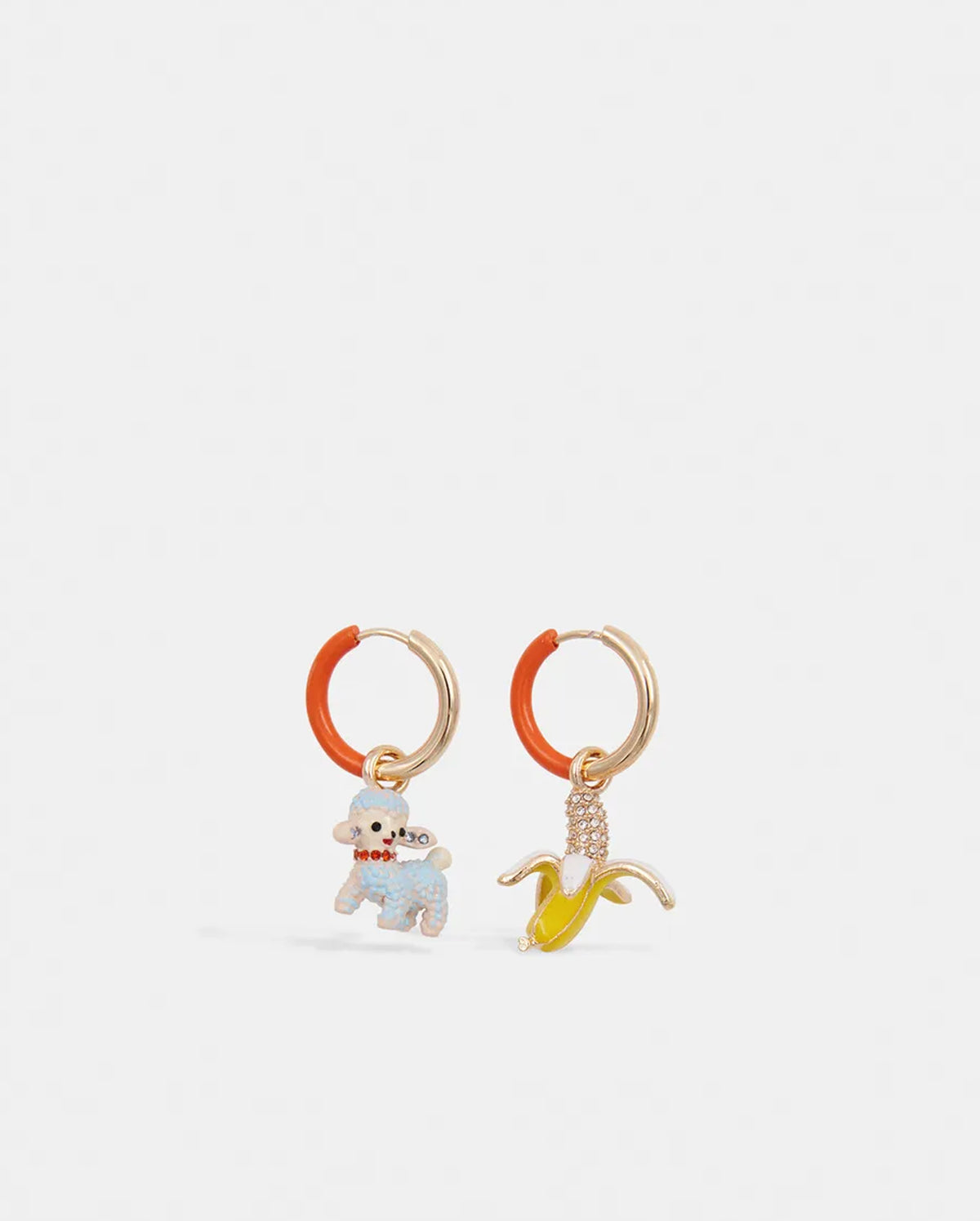 Hoop Earrings with Lamb and Banana Pendants (Gold/Orange)