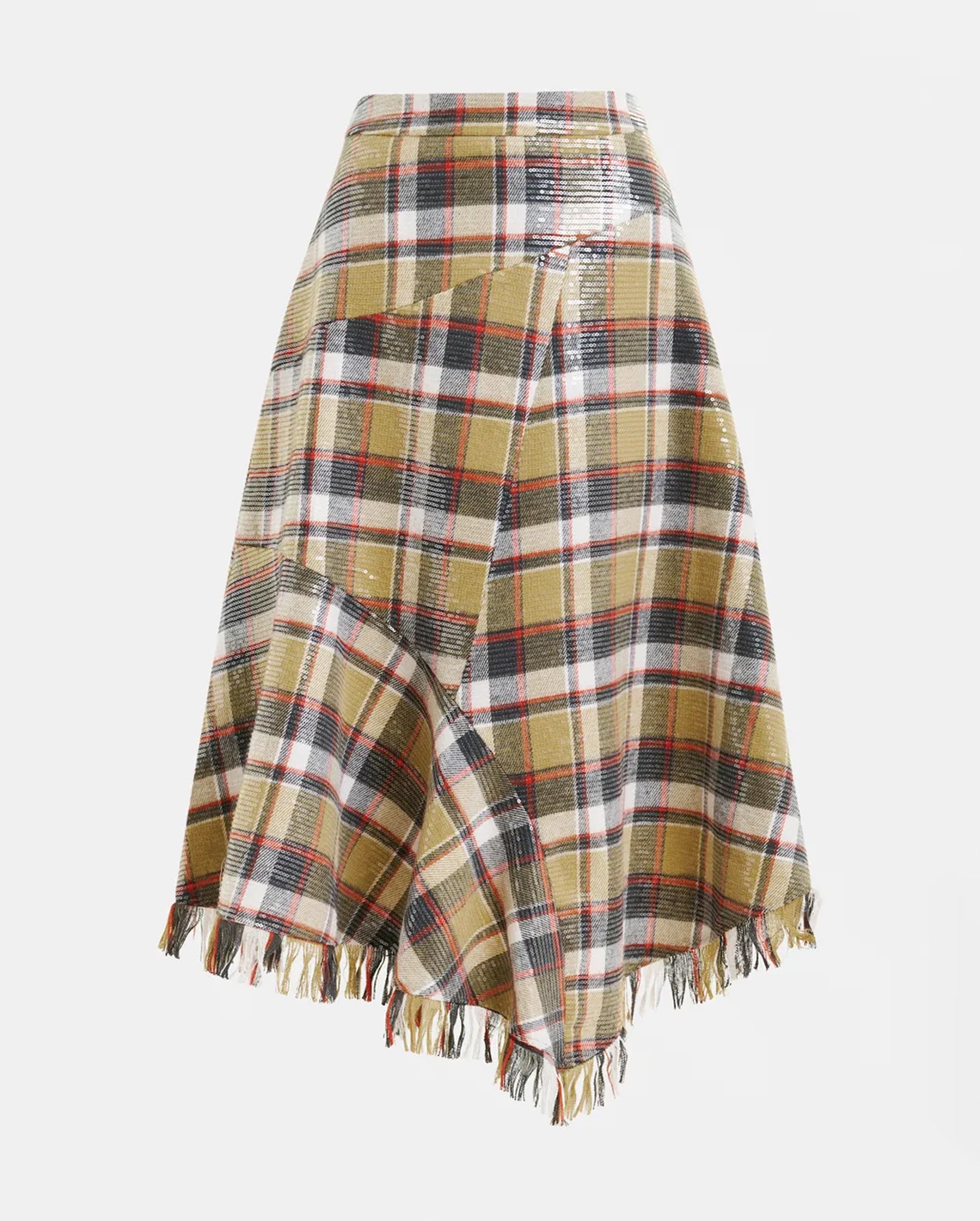 Check Print Midi Skirt with Fringed Hemline and Sequin Embellishments (Dark Blue/Khaki/Red)