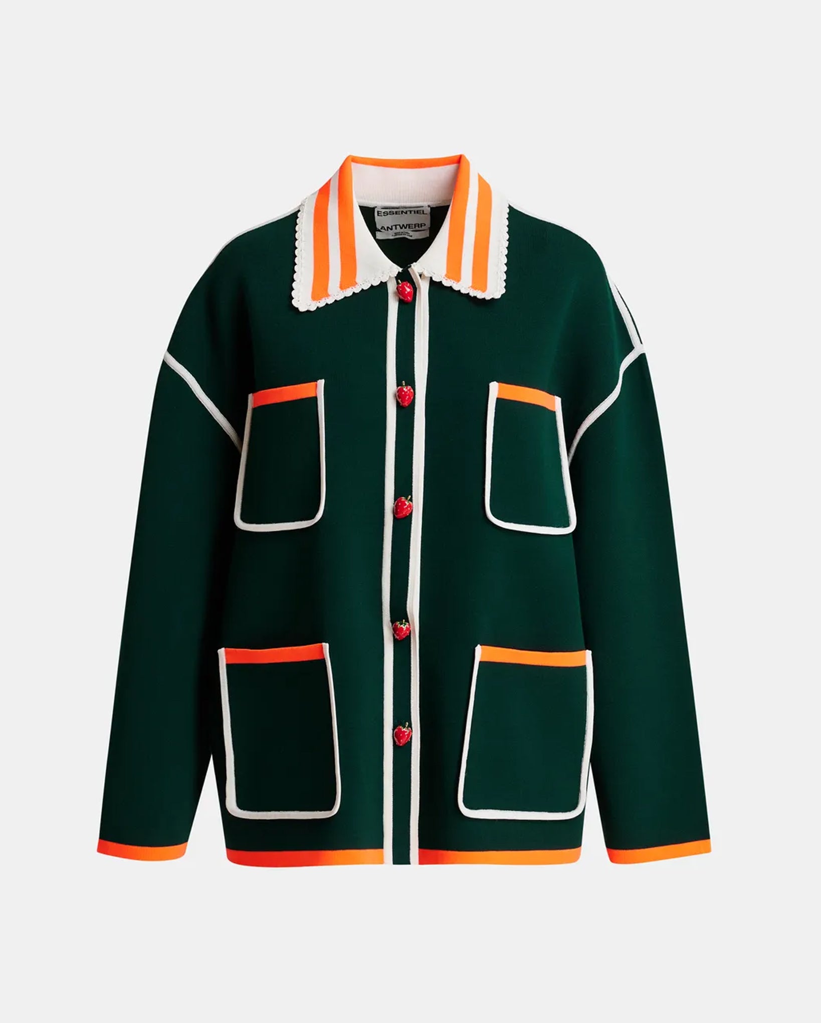 Fine Knit Cardigan With Lace-Trimmed Collar And Strawberry-Shaped Buttons (Dark Green/Orange/White)