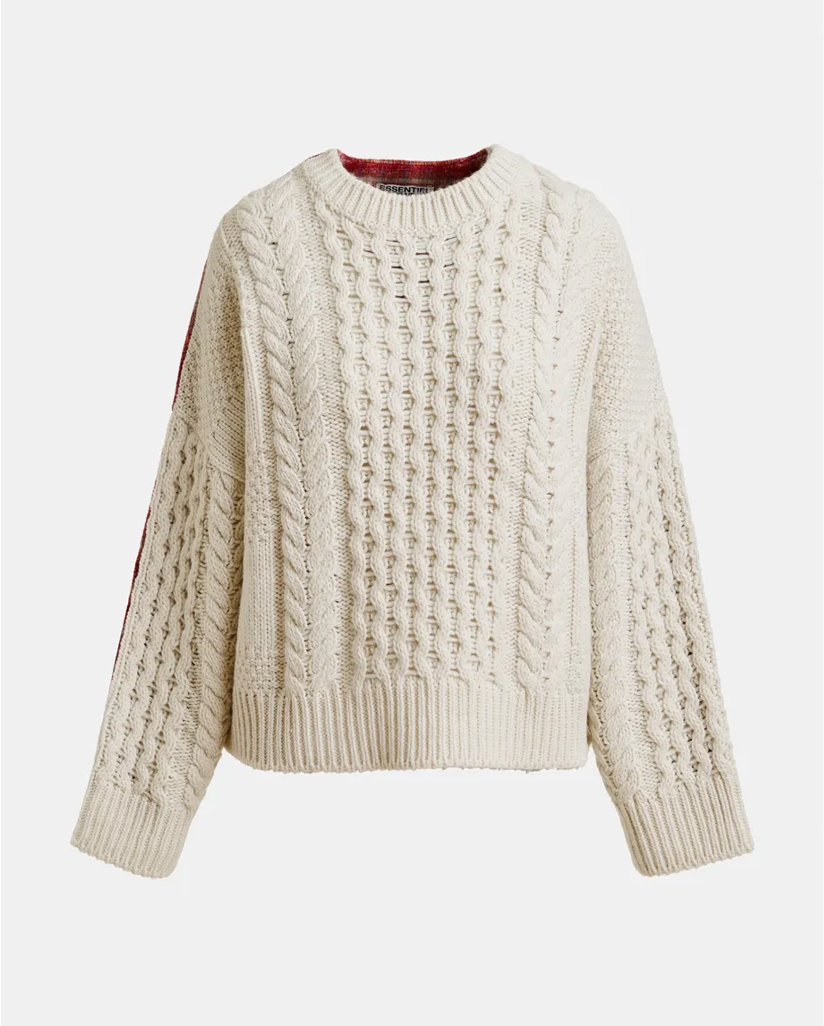 Cable-Knit Wool-Blend Sweater with Checked Back Panel (Beige/Off-White/Red)