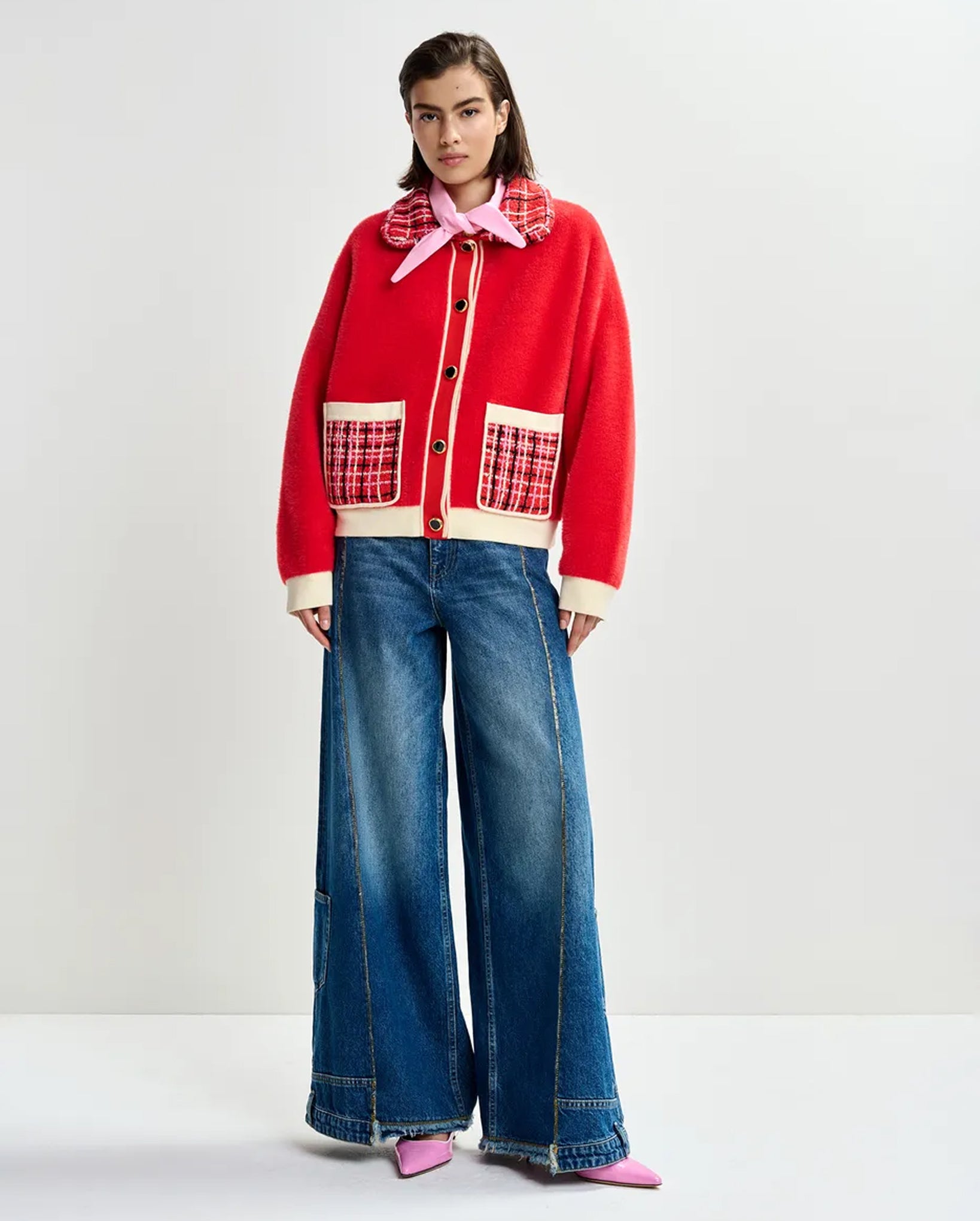 Textured Cardigan with Contrast Tweed Collar and Patch Pockets (Off-White/Pink/Red)