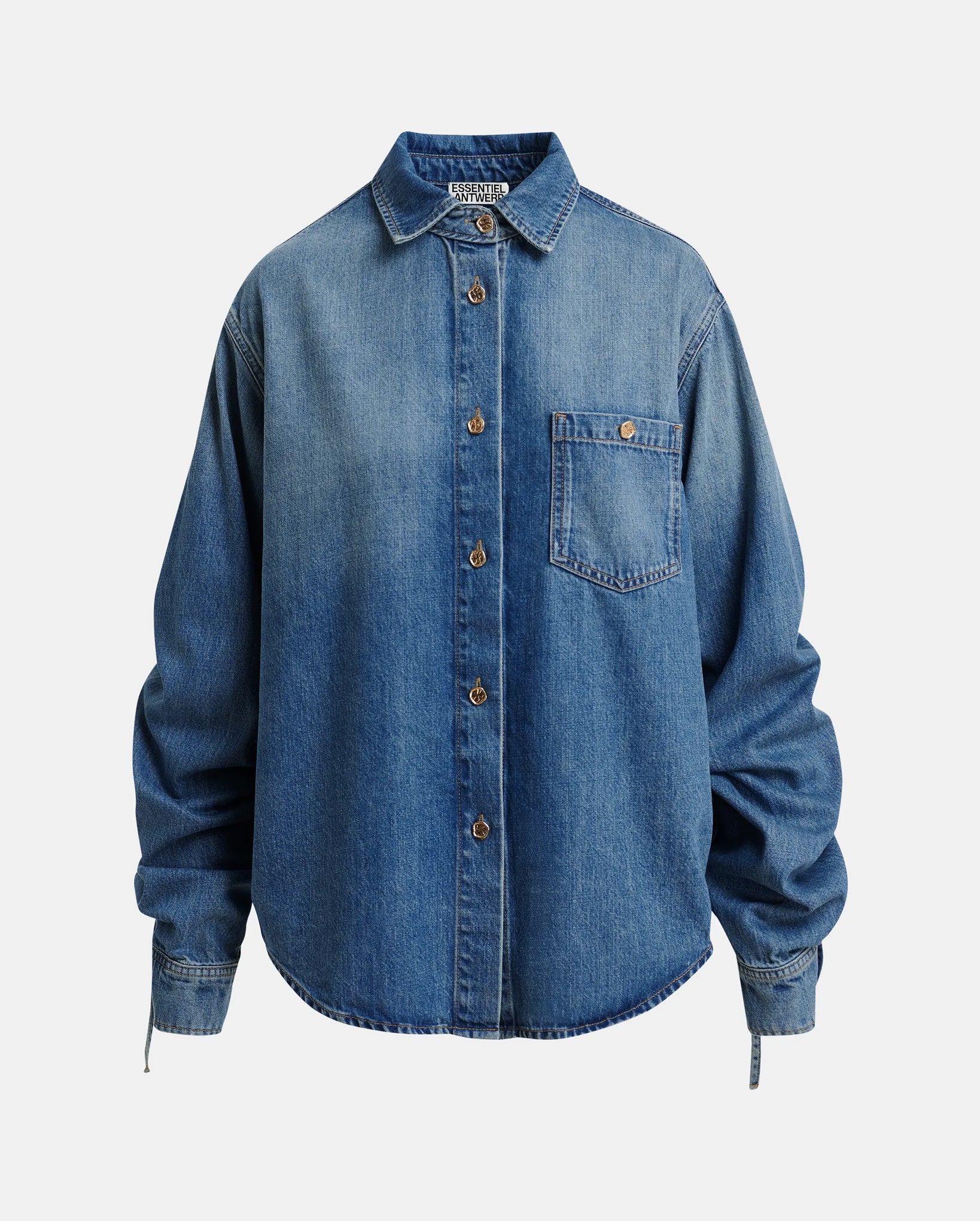 Oversized Denim Shirt With Sleeve Drawstrings (Blue)