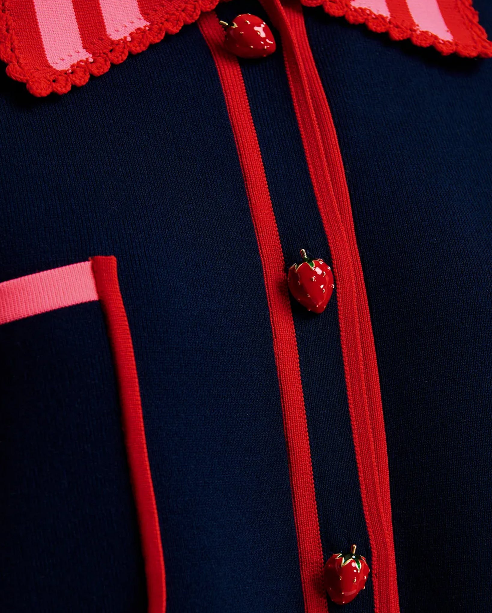 Fine Knit Cardigan With Lace-Trimmed Collar And Strawberry-Shaped Buttons (Navy/Pink/Red)