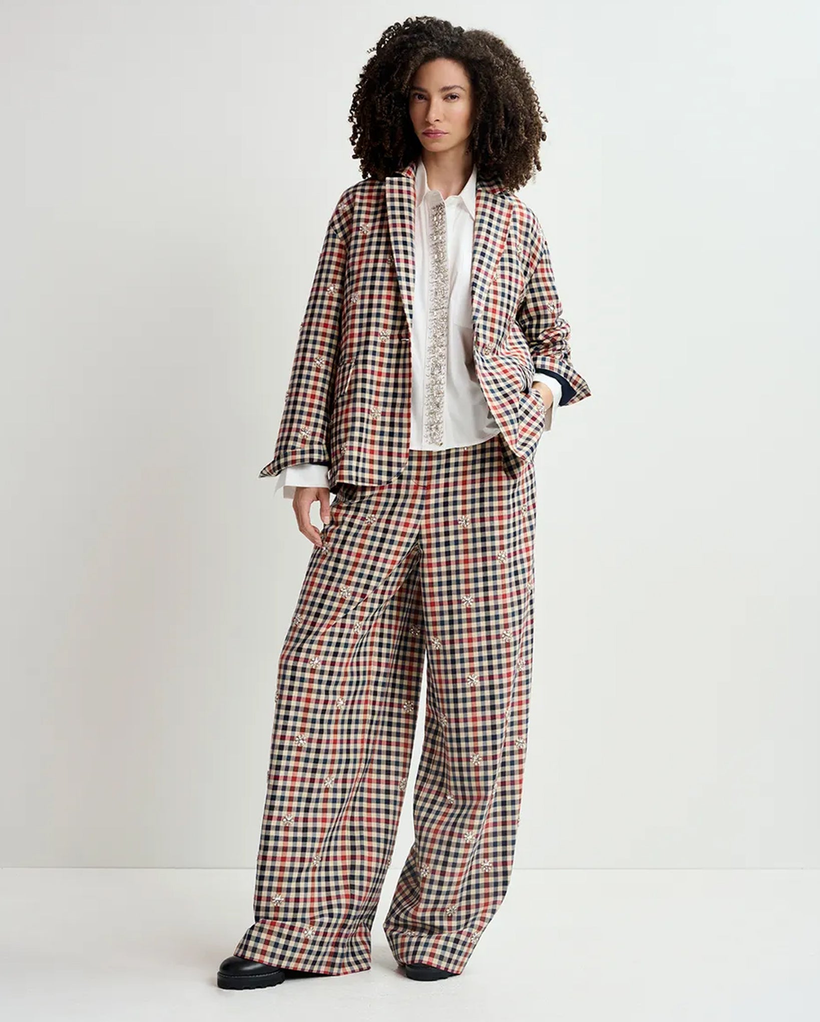 Checkered Wide-Leg Pants (Beige/Dark Blue/Red)