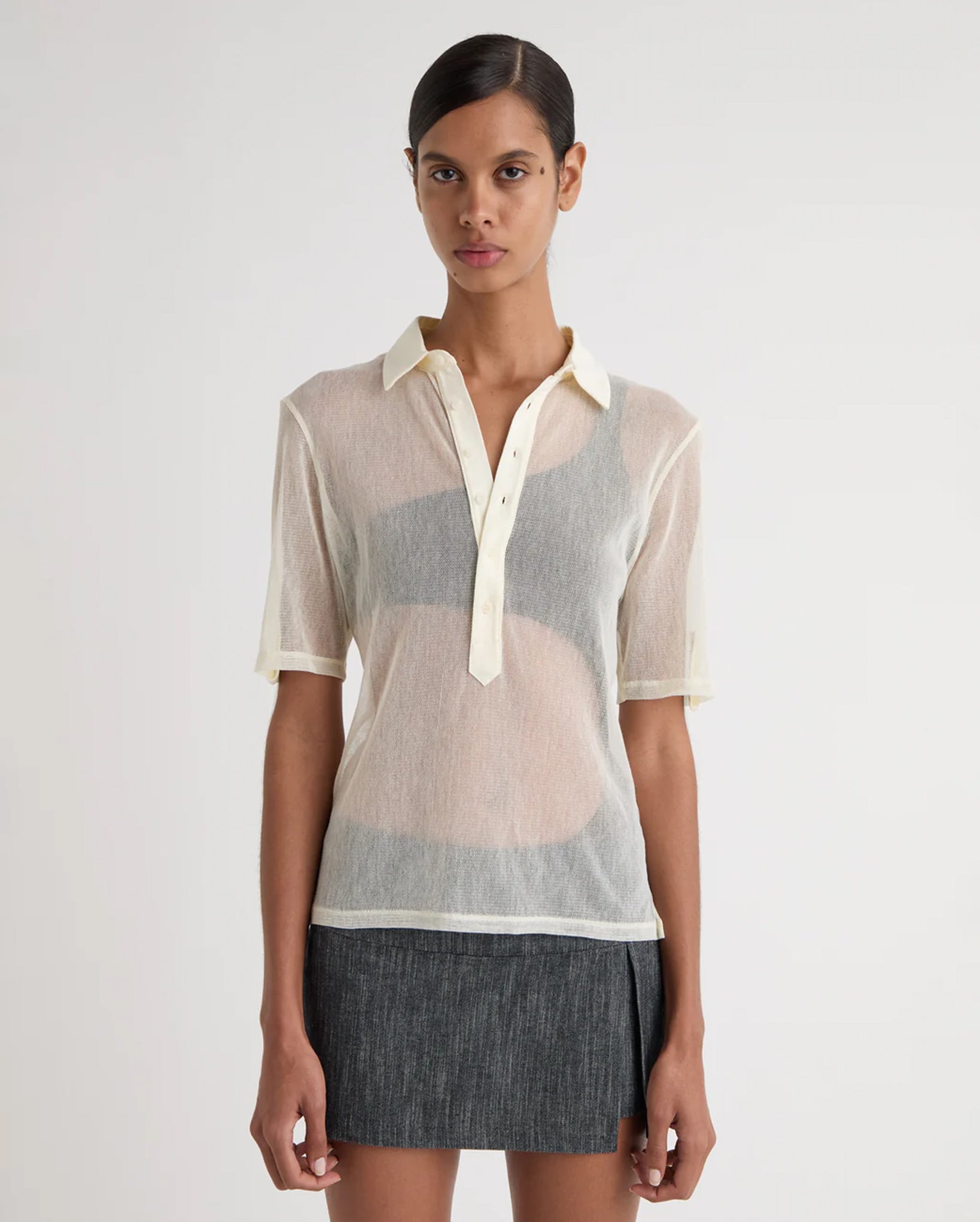 Sile Tulle Polo Top (Off-White)
