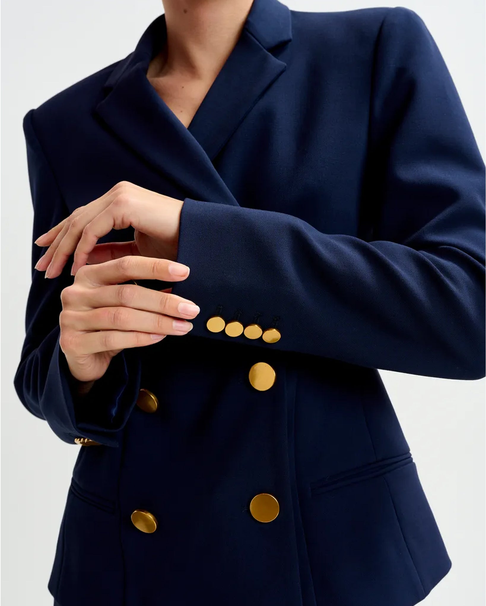 Double-Breasted Blazer with Gold-Tone Buttons (Navy) – Who Boutique