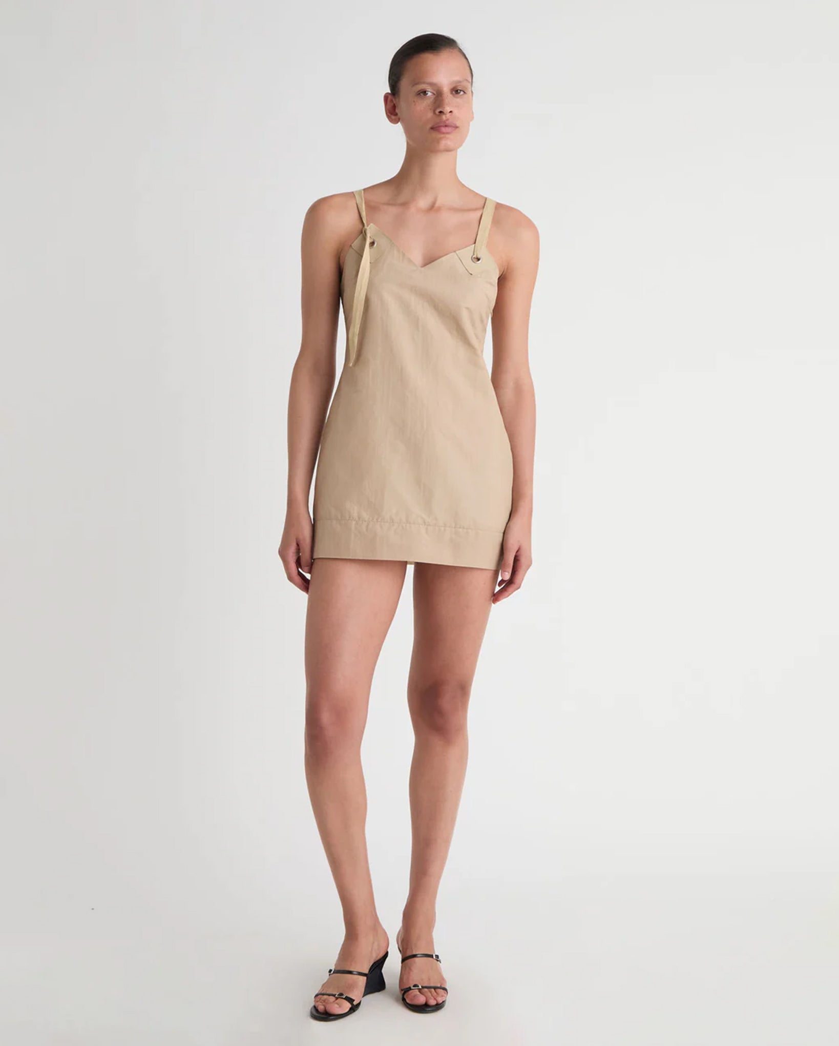 Goded Short Silk-Nylon Dress (Beige)