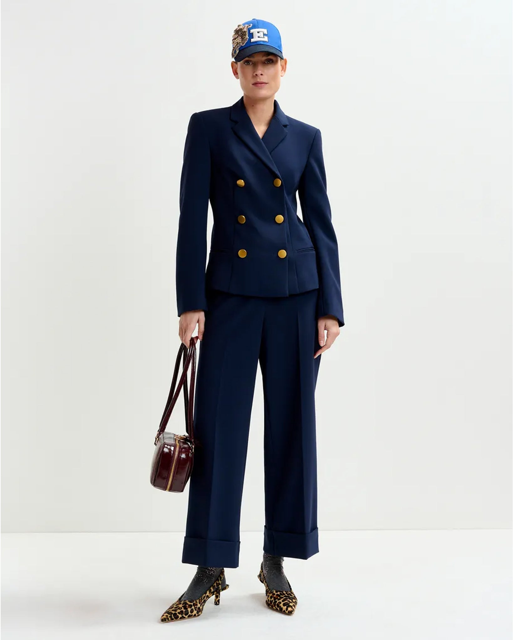 Double-Breasted Blazer with Gold-Tone Buttons (Navy)