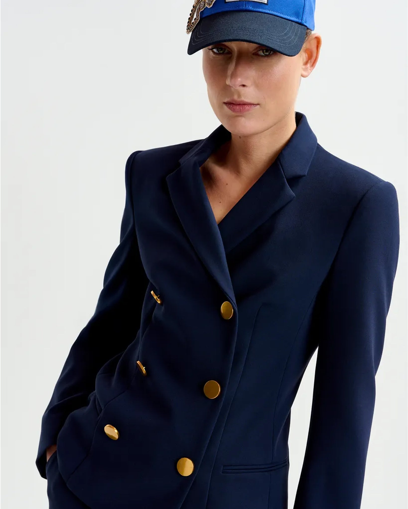 Double-Breasted Blazer with Gold-Tone Buttons (Navy)