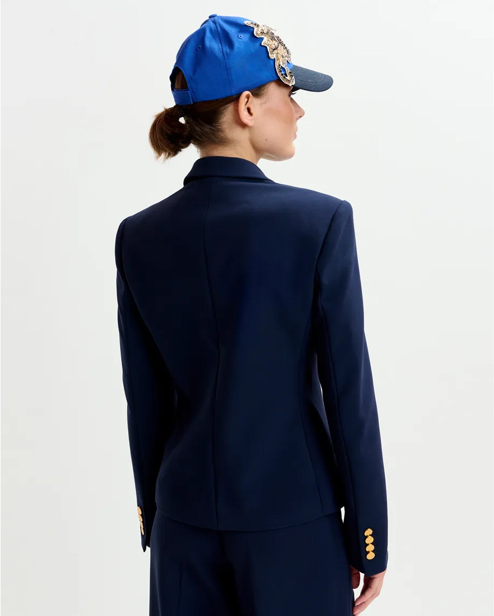 Double-Breasted Blazer with Gold-Tone Buttons (Navy)