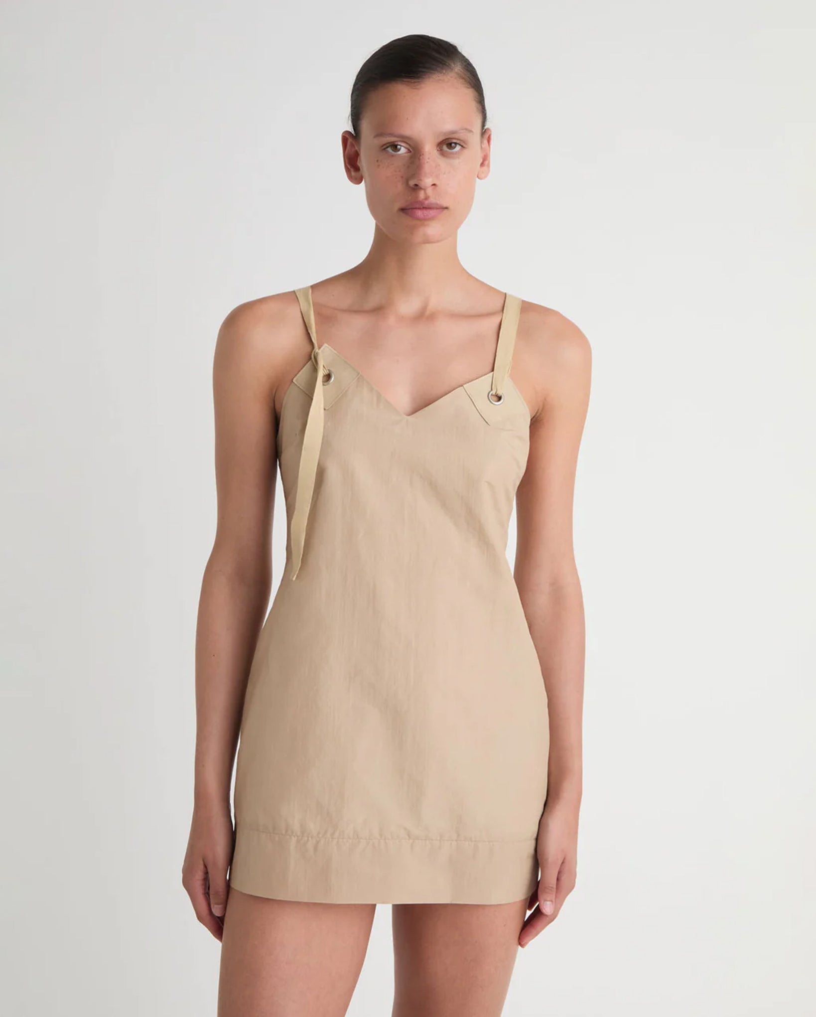 Goded Short Silk-Nylon Dress (Beige)