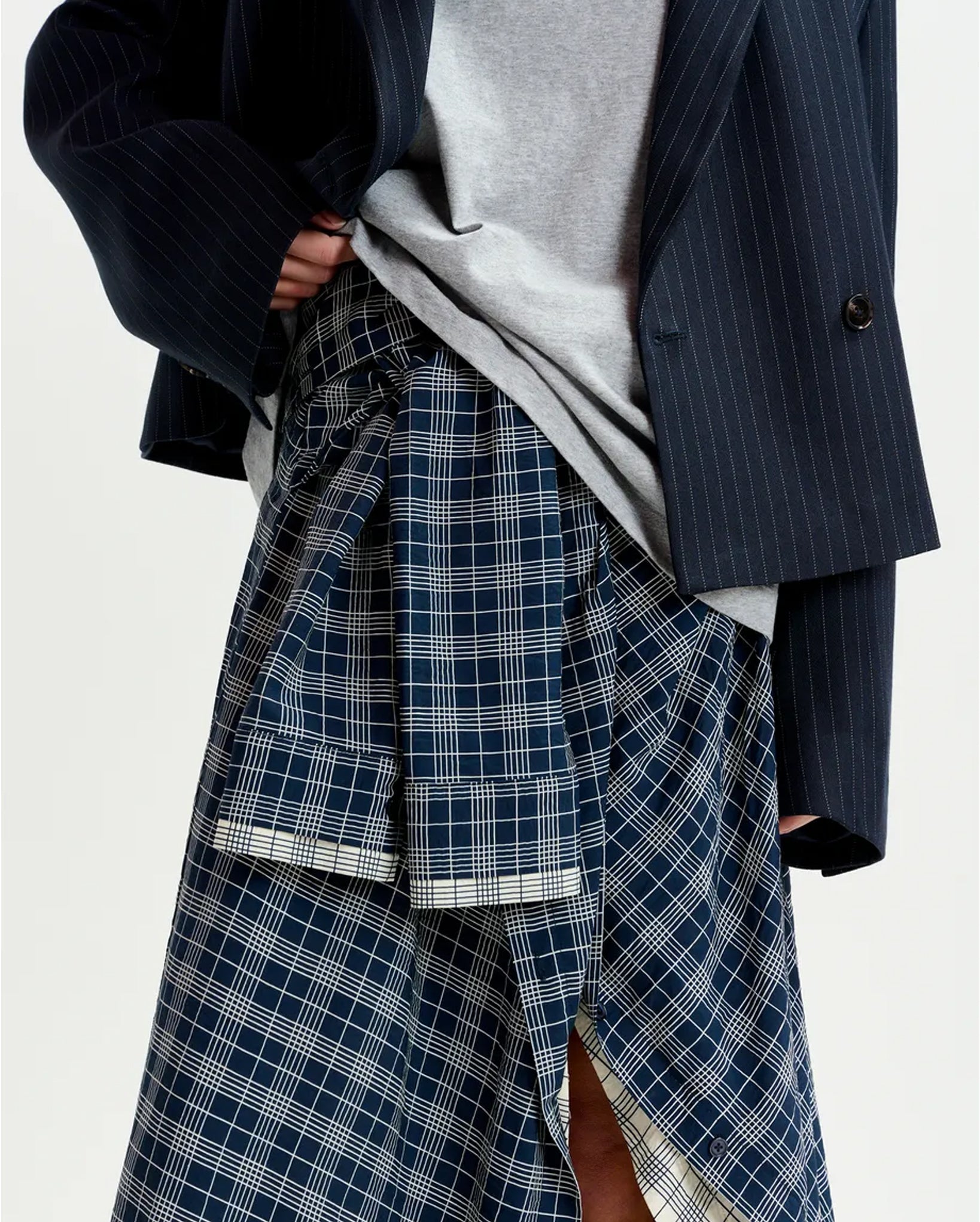 Asymmetrical Draped Skirt with Shirt-Sleeve Waist Detail (Navy/White)