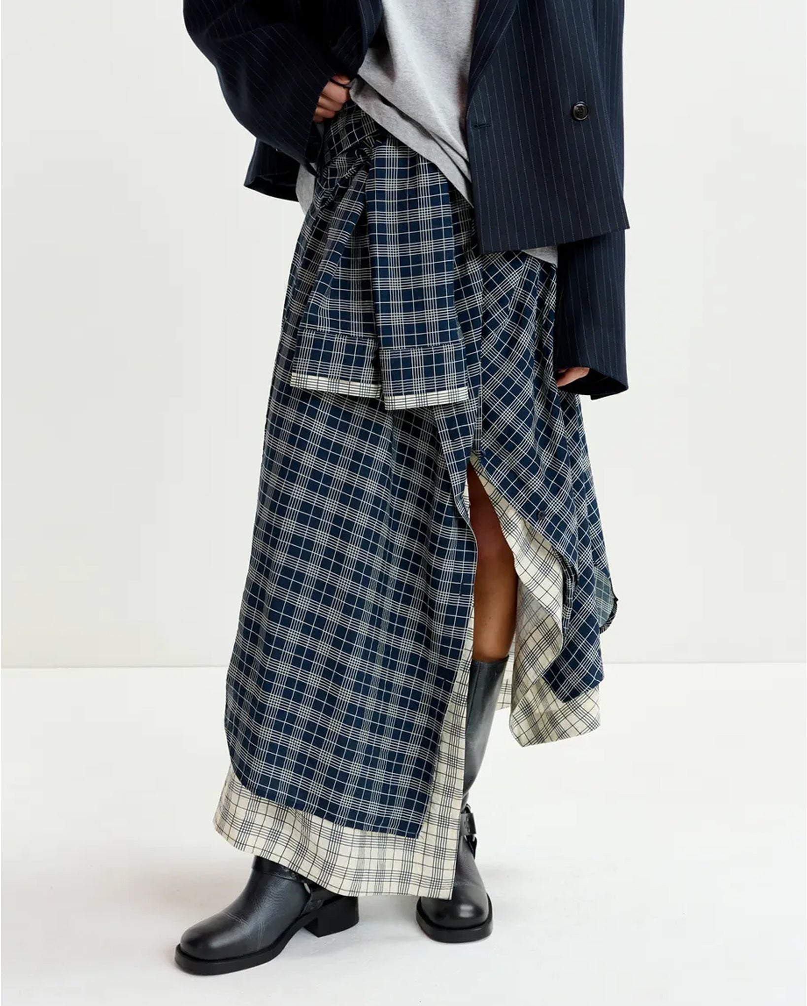 Asymmetrical Draped Skirt with Shirt-Sleeve Waist Detail (Navy/White)