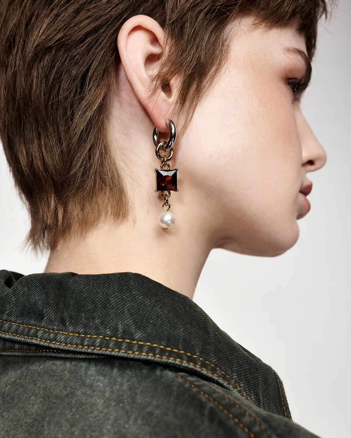 Mismatched Charm Hoop Earrings (Dark Red/Gold/Silver)