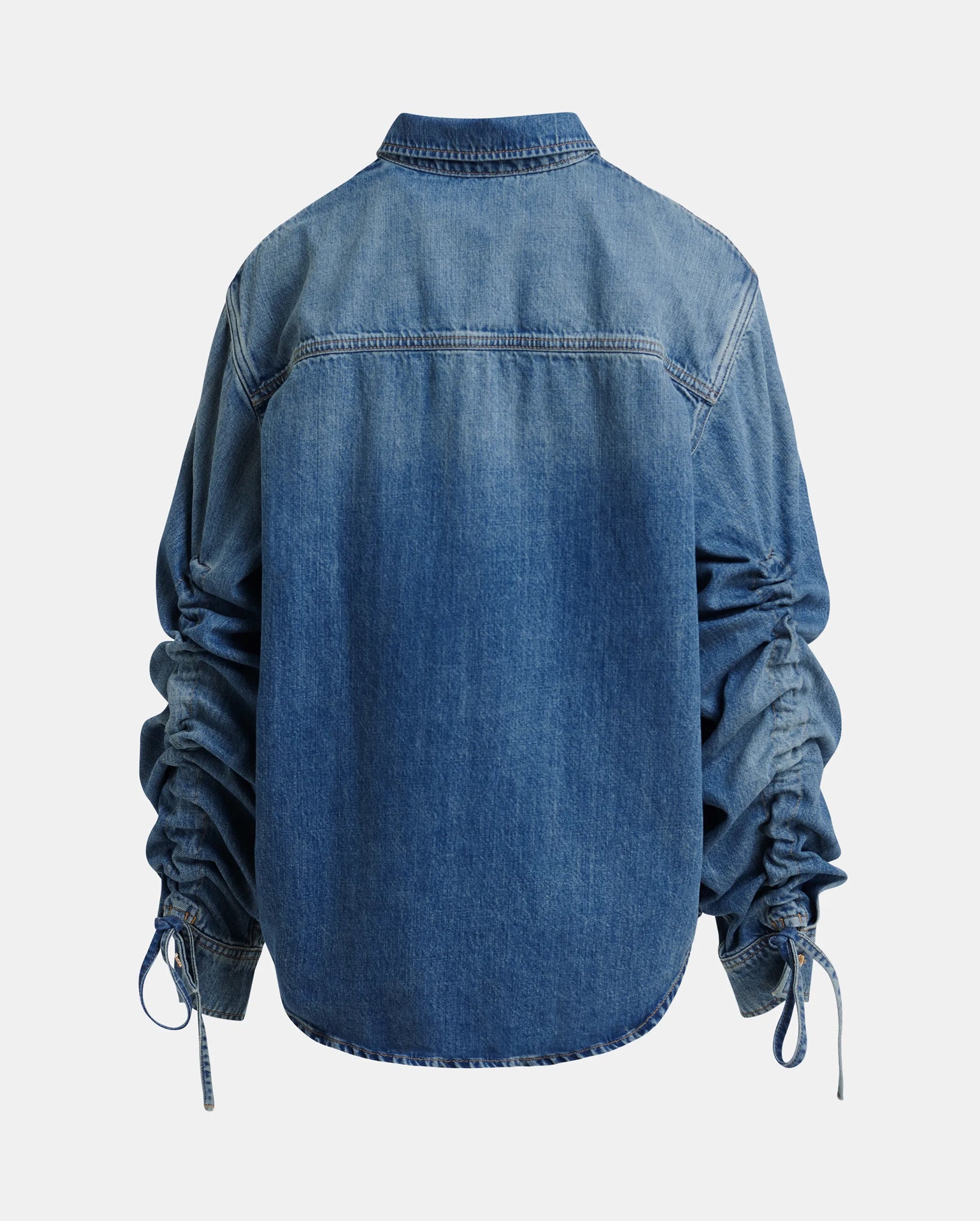 Oversized Denim Shirt With Sleeve Drawstrings (Blue)
