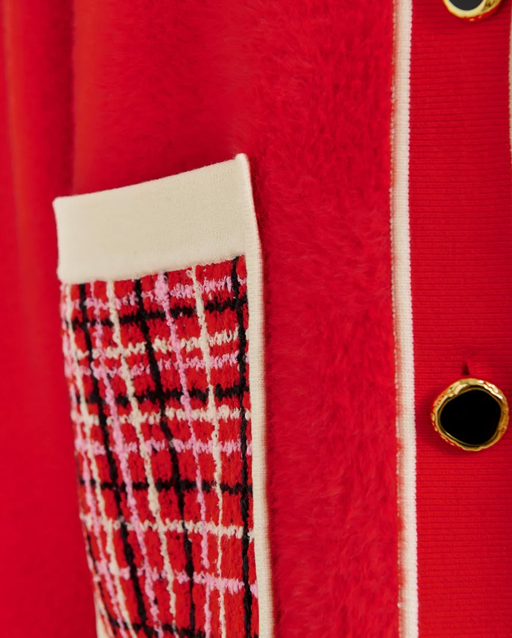 Textured Cardigan with Contrast Tweed Collar and Patch Pockets (Off-White/Pink/Red)