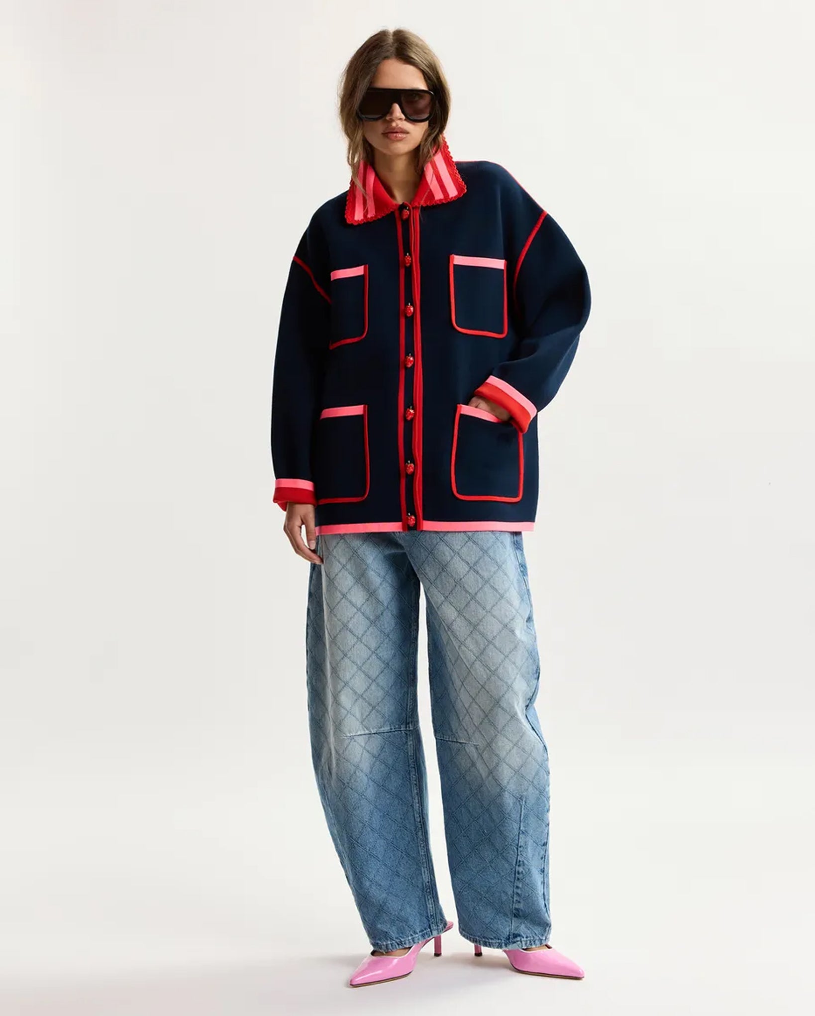Fine Knit Cardigan With Lace-Trimmed Collar And Strawberry-Shaped Buttons (Navy/Pink/Red)