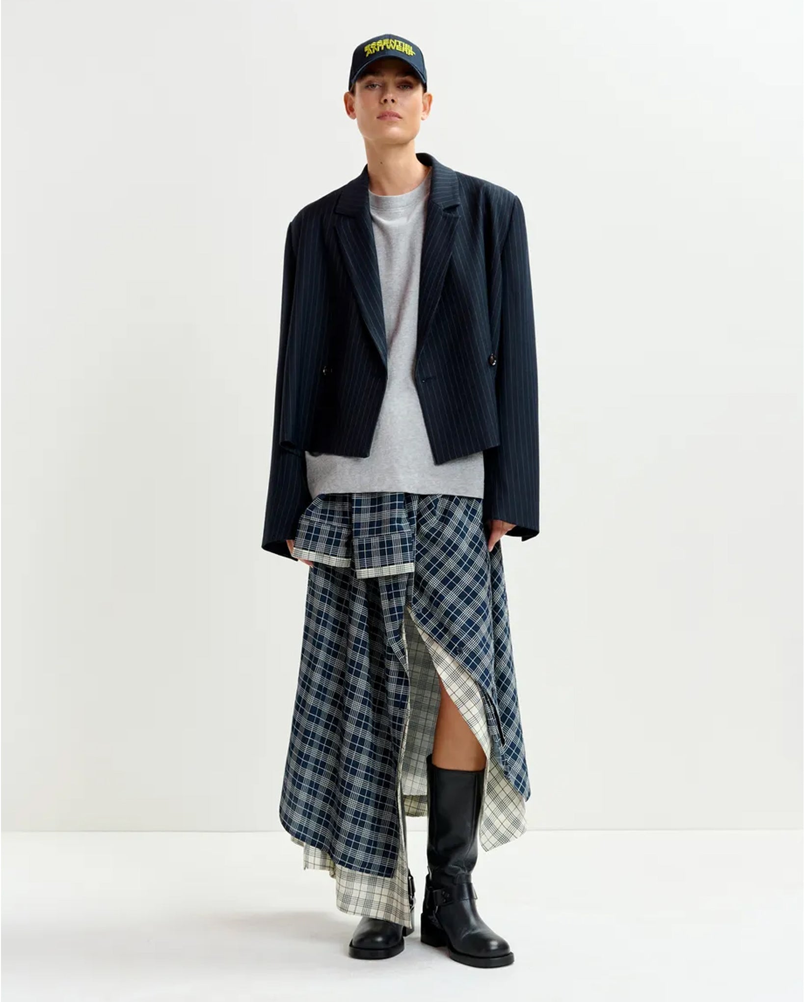 Asymmetrical Draped Skirt with Shirt-Sleeve Waist Detail (Navy/White)