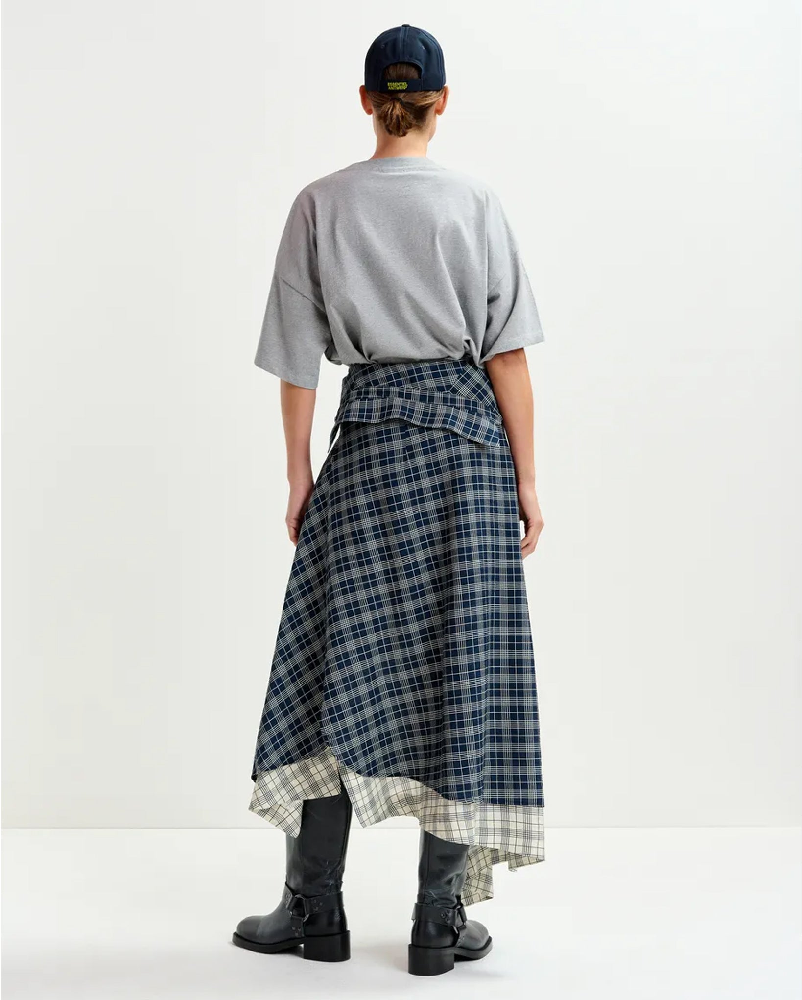 Asymmetrical Draped Skirt with Shirt-Sleeve Waist Detail (Navy/White)