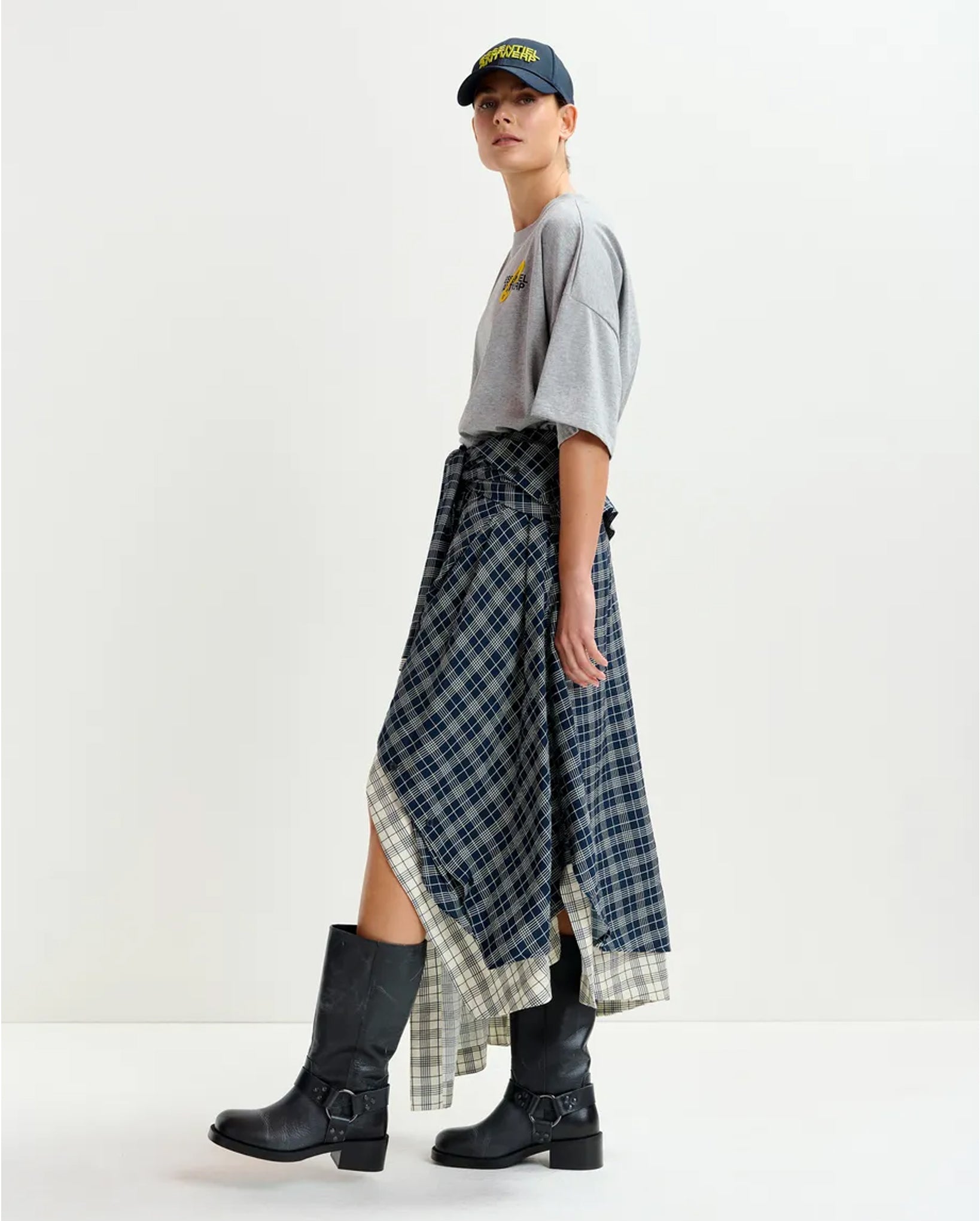 Asymmetrical Draped Skirt with Shirt-Sleeve Waist Detail (Navy/White)