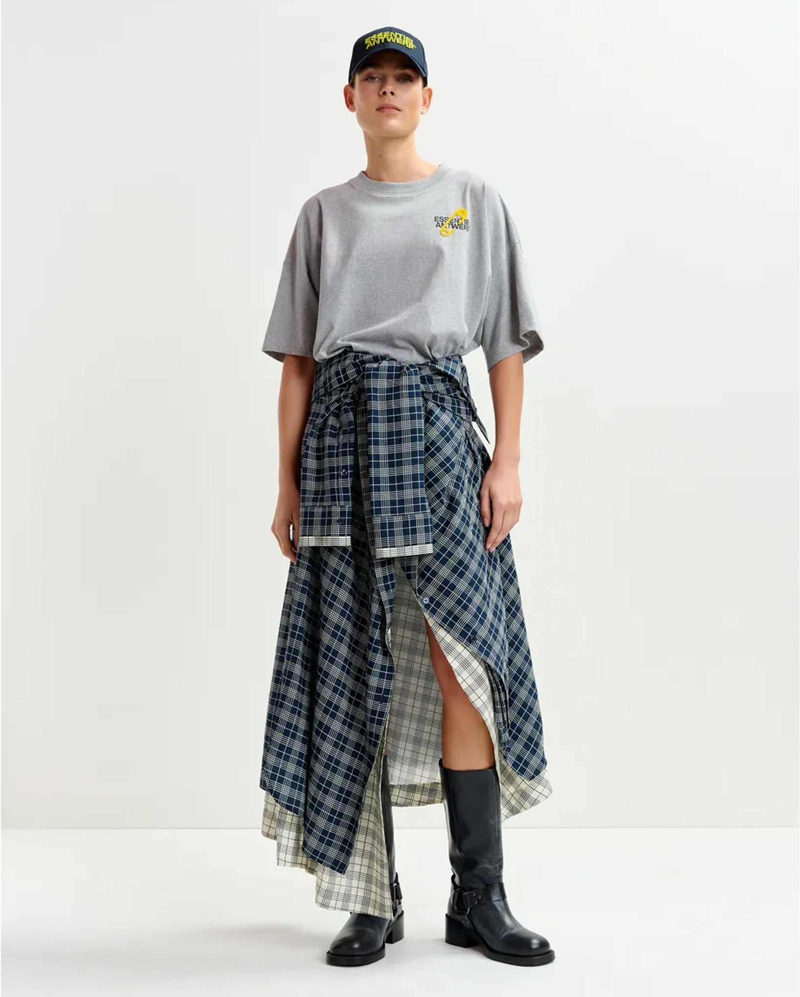 Asymmetrical Draped Skirt with Shirt-Sleeve Waist Detail (Navy/White)