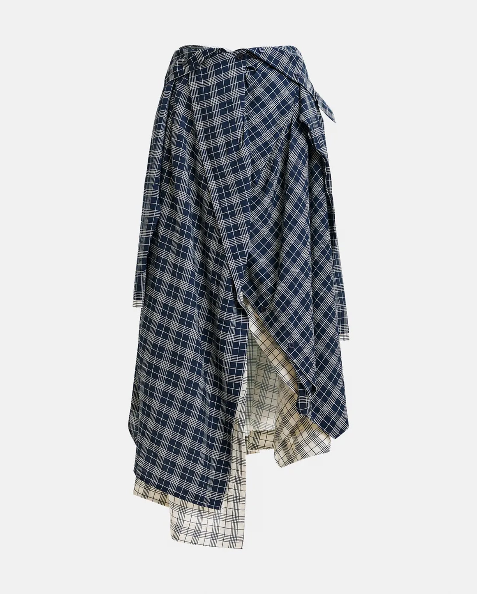 Asymmetrical Draped Skirt with Shirt-Sleeve Waist Detail (Navy/White)