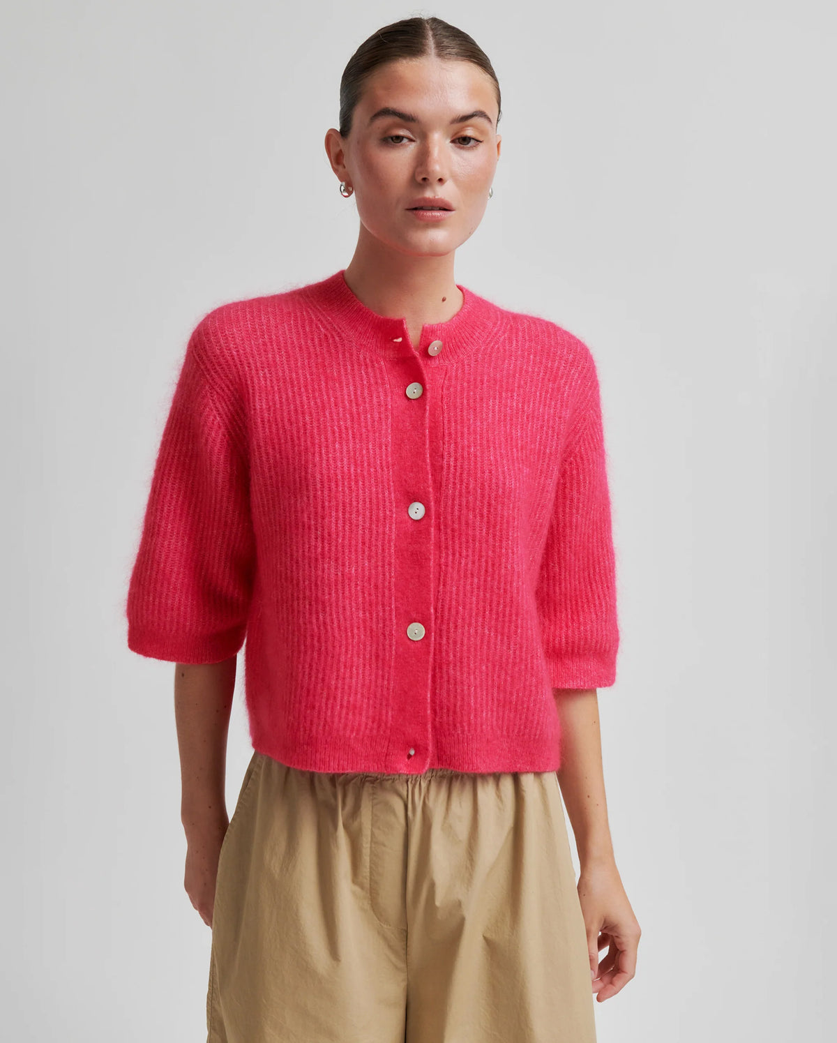 Andrea Knit Rib Cardigan (Raspberry Sorbet)