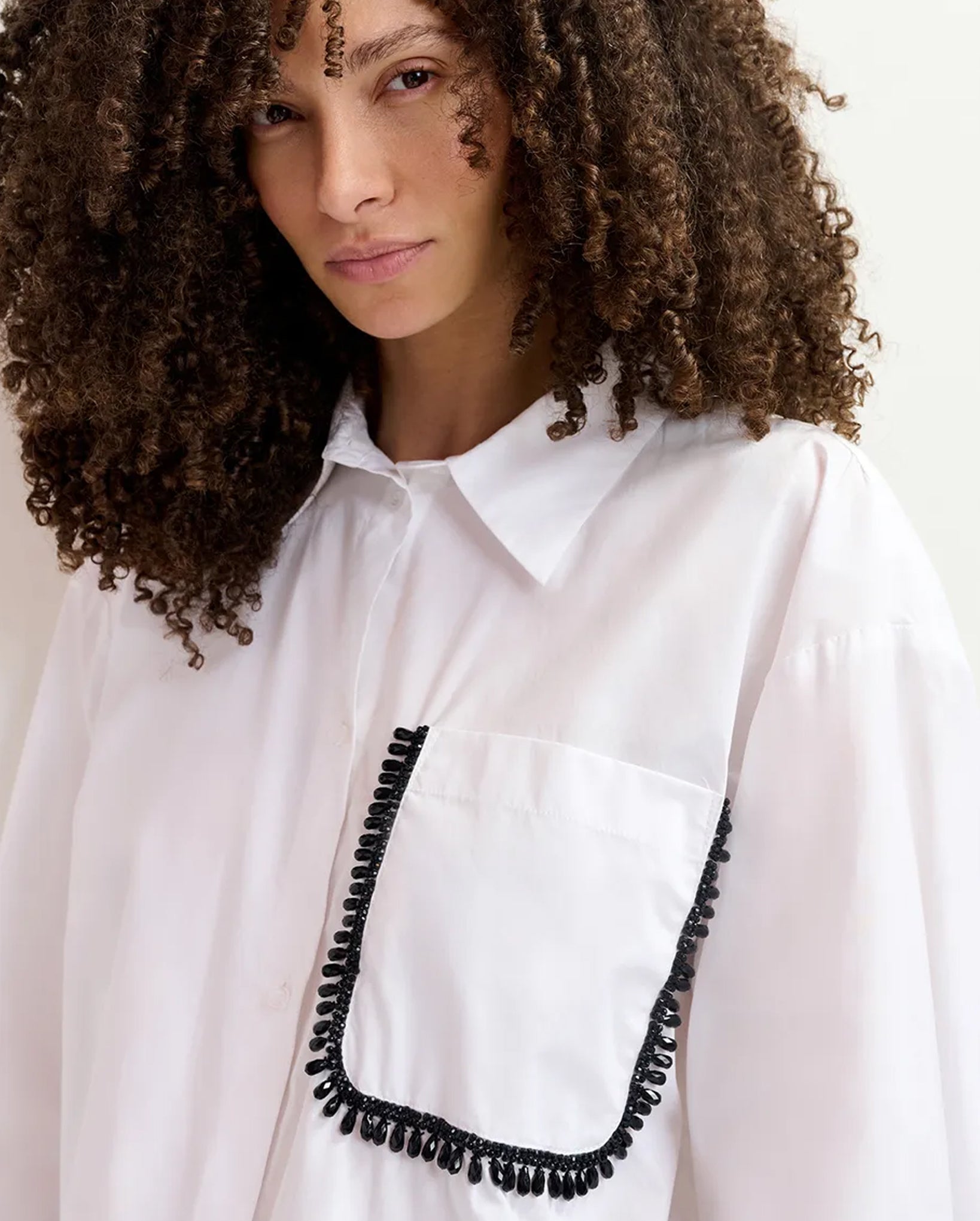 Cotton Shirt with Beaded Embroidery (White)