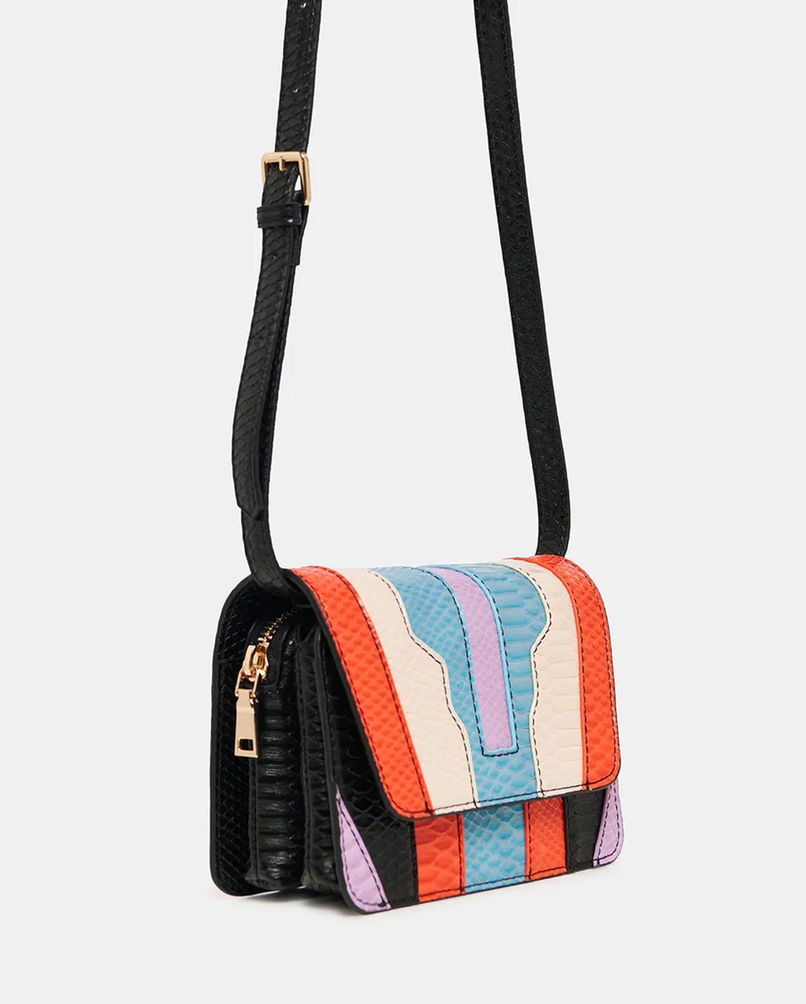 Snake-Effect Faux Leather Shoulder Bag (Black/Blue/Orange)