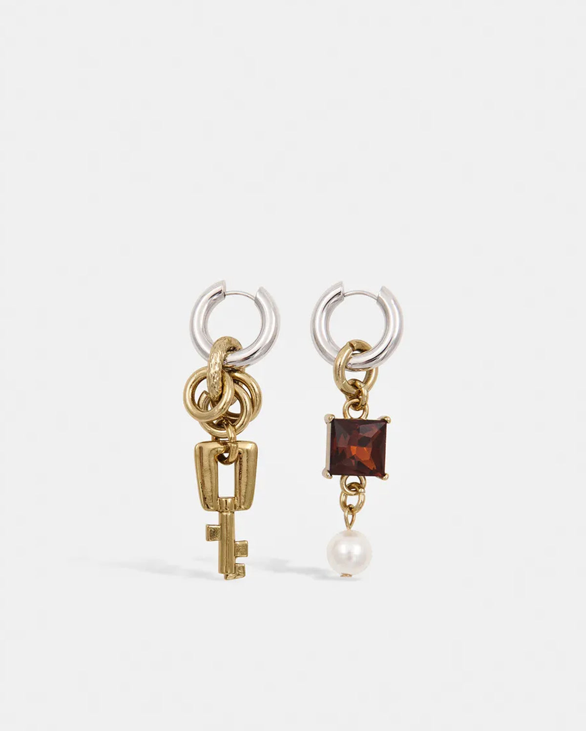 Mismatched Charm Hoop Earrings (Dark Red/Gold/Silver)