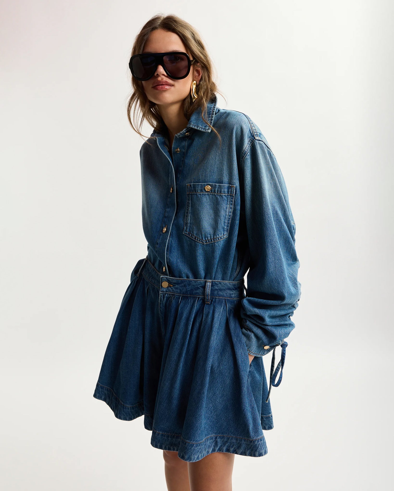 Oversized Denim Shirt With Sleeve Drawstrings (Blue)